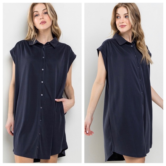 30 Solid Collared Mini Dress With Side Pockets - Picture 2 of 3